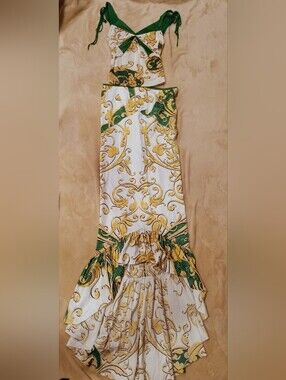 Roberto Cavalli Vintage Green & Gold Baroque-Print Maxi Skirt & Top Set!